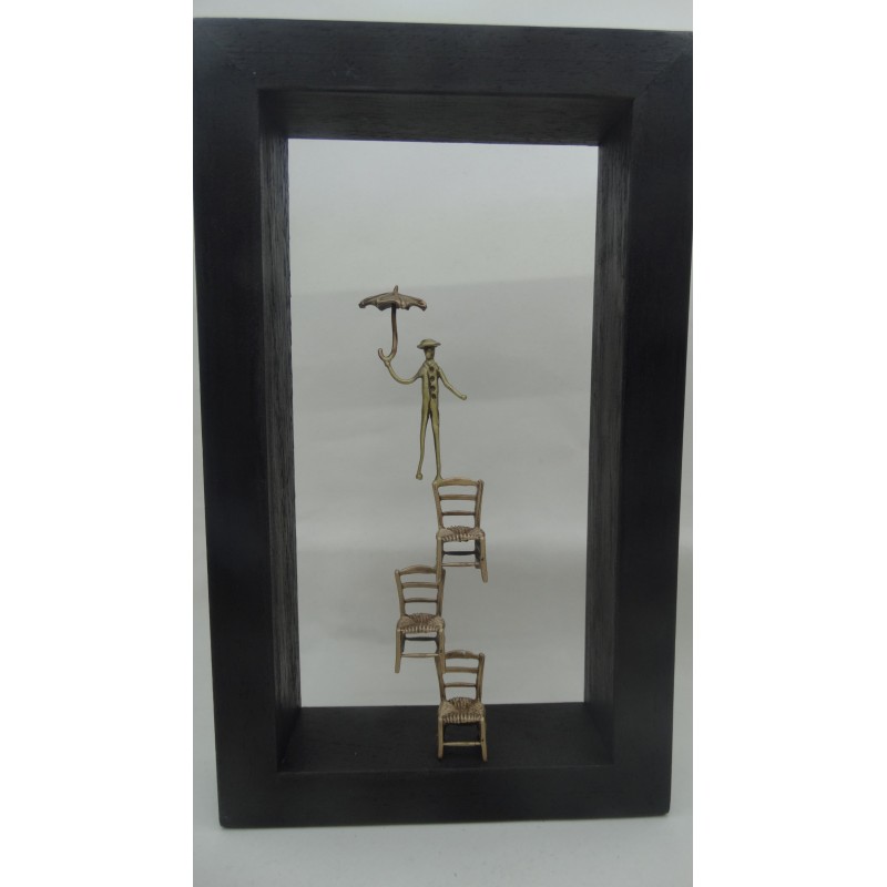 Hand Made Oxidized Bronze Standing Man On Chairs With An Umbrella