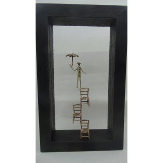 Hand Made Oxidized Bronze Standing Man On Chairs With An Umbrella