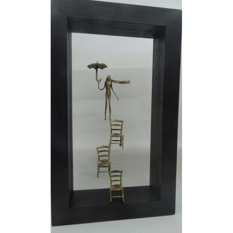 Hand Made Oxidized Bronze Standing Woman On Chairs With An Umbrella