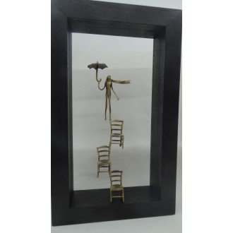 Hand Made Oxidized Bronze Standing Woman On Chairs With An Umbrella