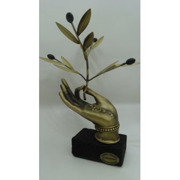 Hand Made Oxidized Bronze Hand With An Olive Branch On A Volcano Stone