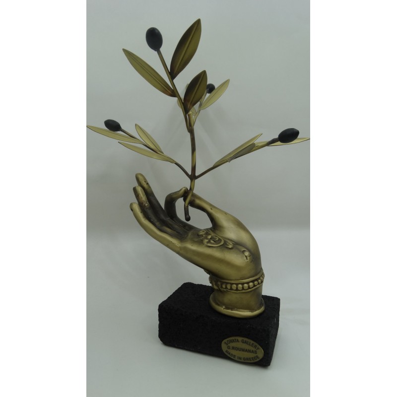 Hand Made Oxidized Bronze Hand With An Olive Branch On A Volcano Stone