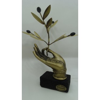 Hand Made Oxidized Bronze Hand With An Olive Branch On A Volcano Stone