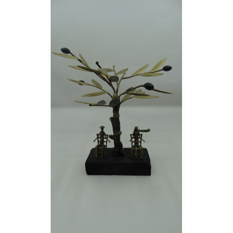 Hand Made Oxidized Bronze Olive tree With A Couple On A Chair On A Volcano Stone
