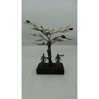 Hand Made Oxidized Bronze Olive tree With A Couple On A Chair On A Volcano Stone