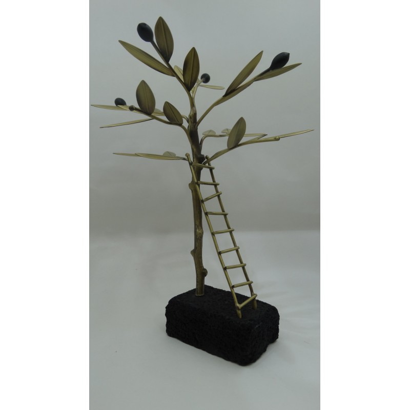 Hand Made Oxidized Bronze Olive tree With Ladder On A Volcano Stone
