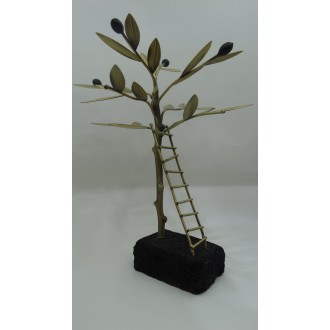 Hand Made Oxidized Bronze Olive tree With Ladder On A Volcano Stone