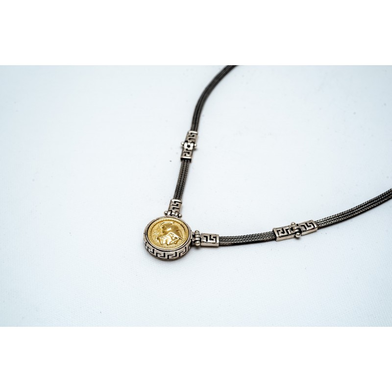 Sterling Silver 925 Gold Plated Hand Made Ancient Greek Copy Bust of Athina with Greek Key