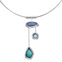 SILVER(925) Asymmetrical Pebble Shaped Seaglass Teal, Ciel, Turquoise Enamel Necklace