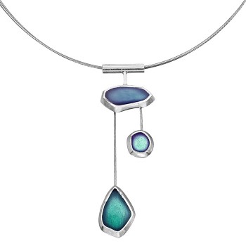 SILVER(925) Asymmetrical Pebble Shaped Seaglass Teal, Ciel, Turquoise Enamel Necklace