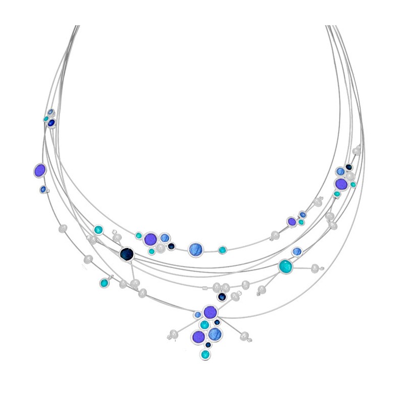 SILVER(925) Necklace with Blue, Turquoise, Black Enamel Circles, Bubbles and Fresh Water Pearls