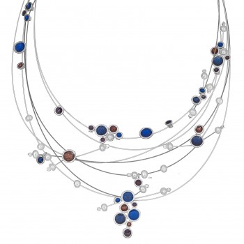 SILVER(925) Necklace with Blue,Brown Enamel Circles, Bubbles and Fresh Water Pearls
