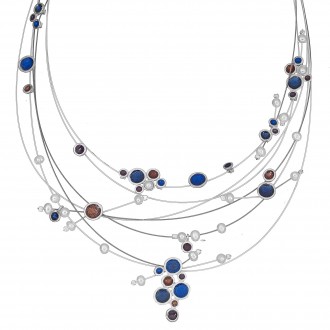 SILVER(925) Necklace with Blue,Brown Enamel Circles, Bubbles and Fresh Water Pearls