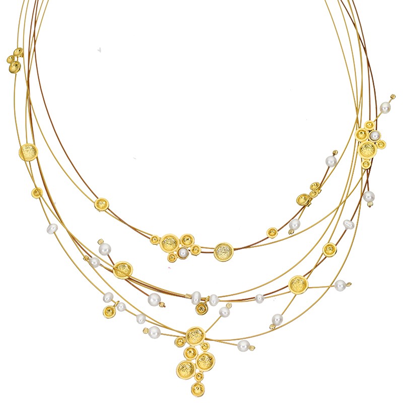 SILVER(925) Gold-Platted Necklace with Bubbles, Circles and Fresh Water Pearls