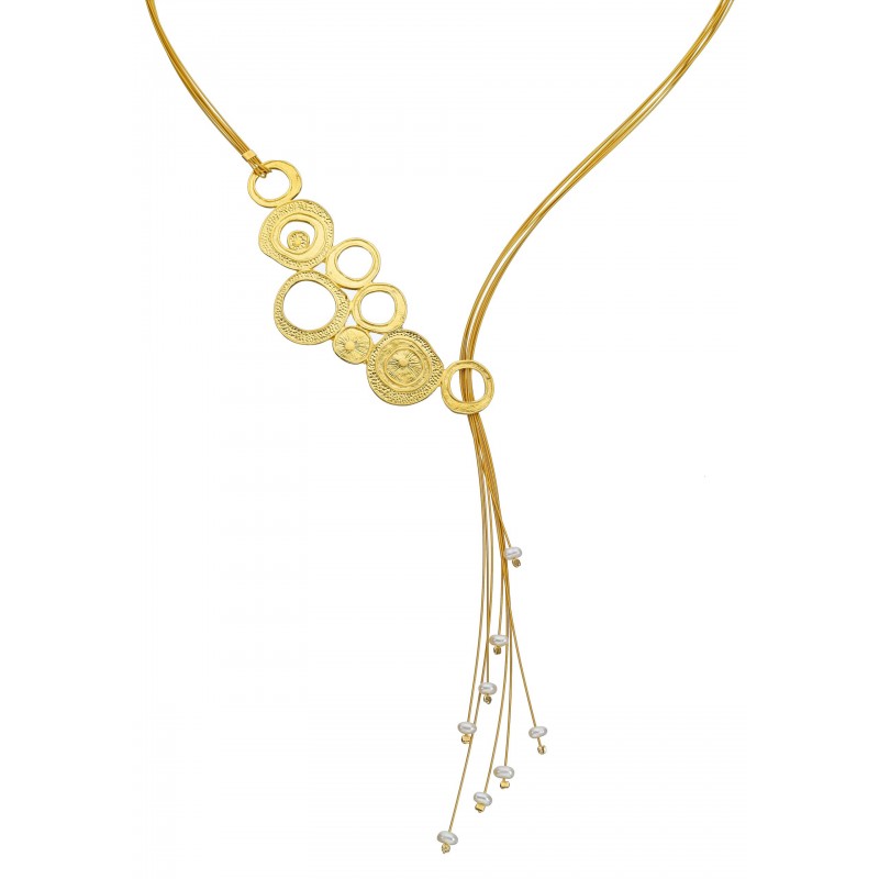 SILVER(925) Gold-Platted Necklace with Circles and Fresh Water Pearls